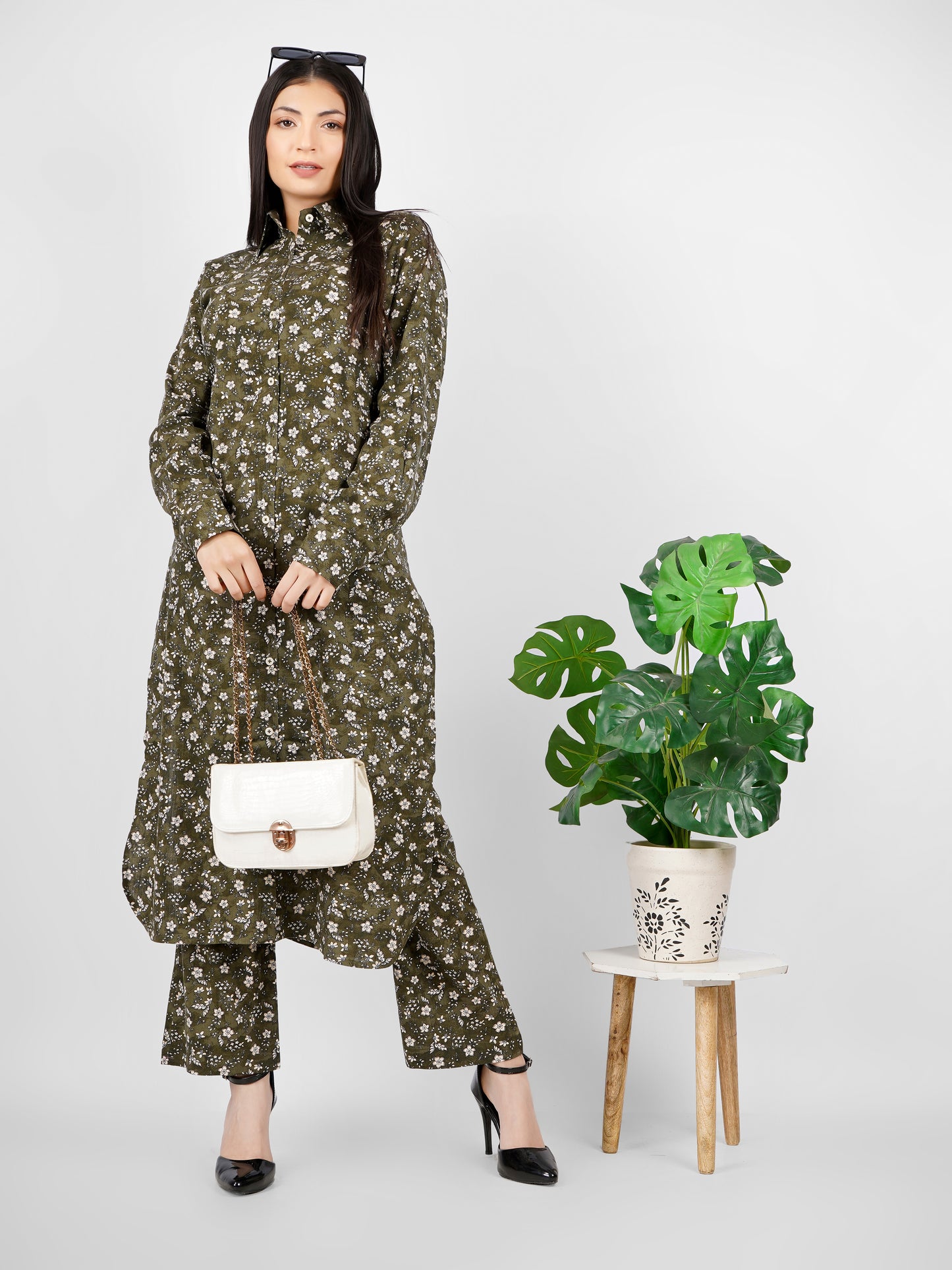 Olive Green Floral Kurta Trouser Set for Women