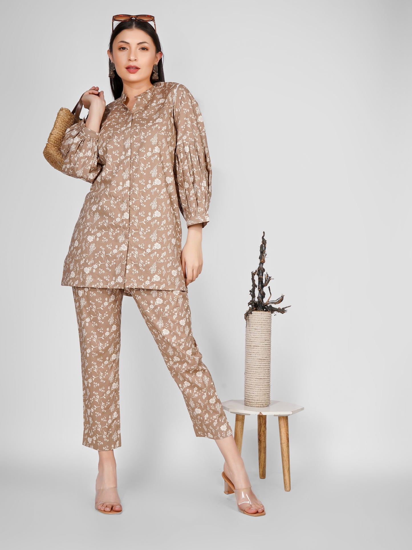 Taupe & White Floral Printed Co-ord Set – Elegant & Trendy Ensemble