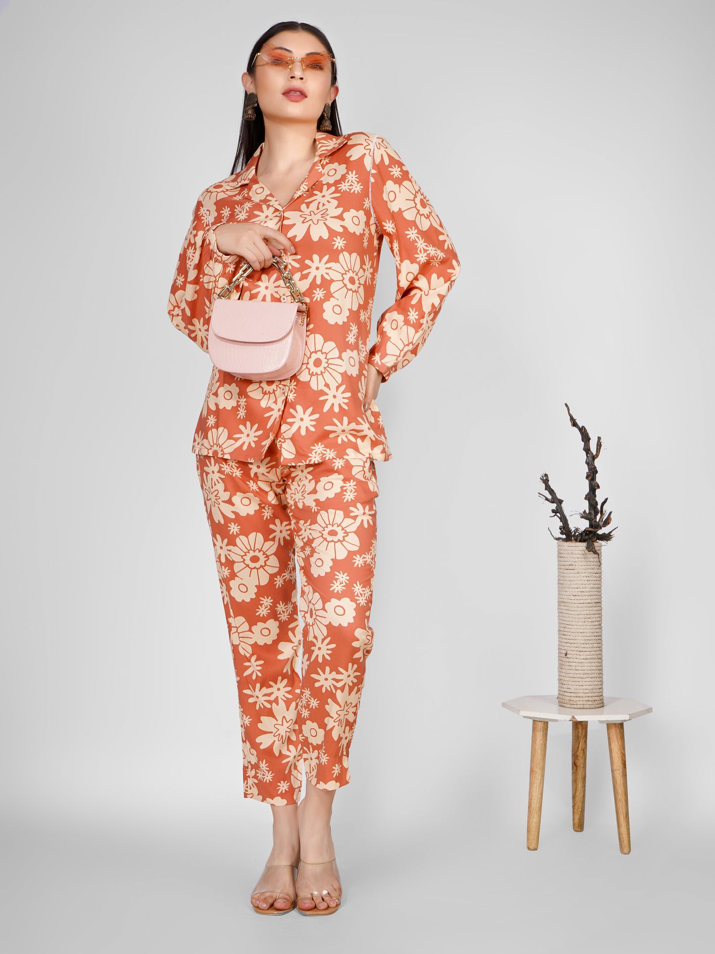 Rust & Beige Floral Printed Co-ord Set – Chic & Comfortable Loungewear