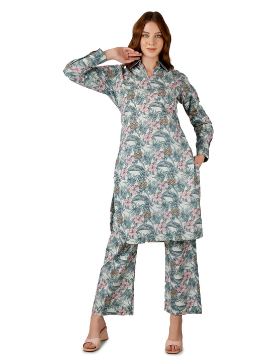 Trendy Cotton Blossom Full Sleeve Kurta Set with Collar – Chic & Comfortable Traditional Wear