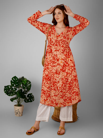 Crimson Petal Kurti Dress – Elegant & Vibrant Floral Design