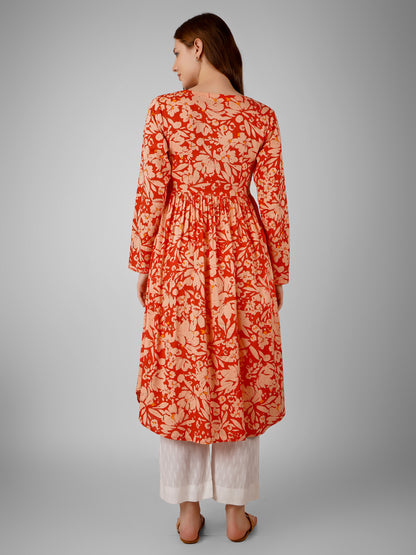 Crimson Petal Kurti Dress – Elegant & Vibrant Floral Design