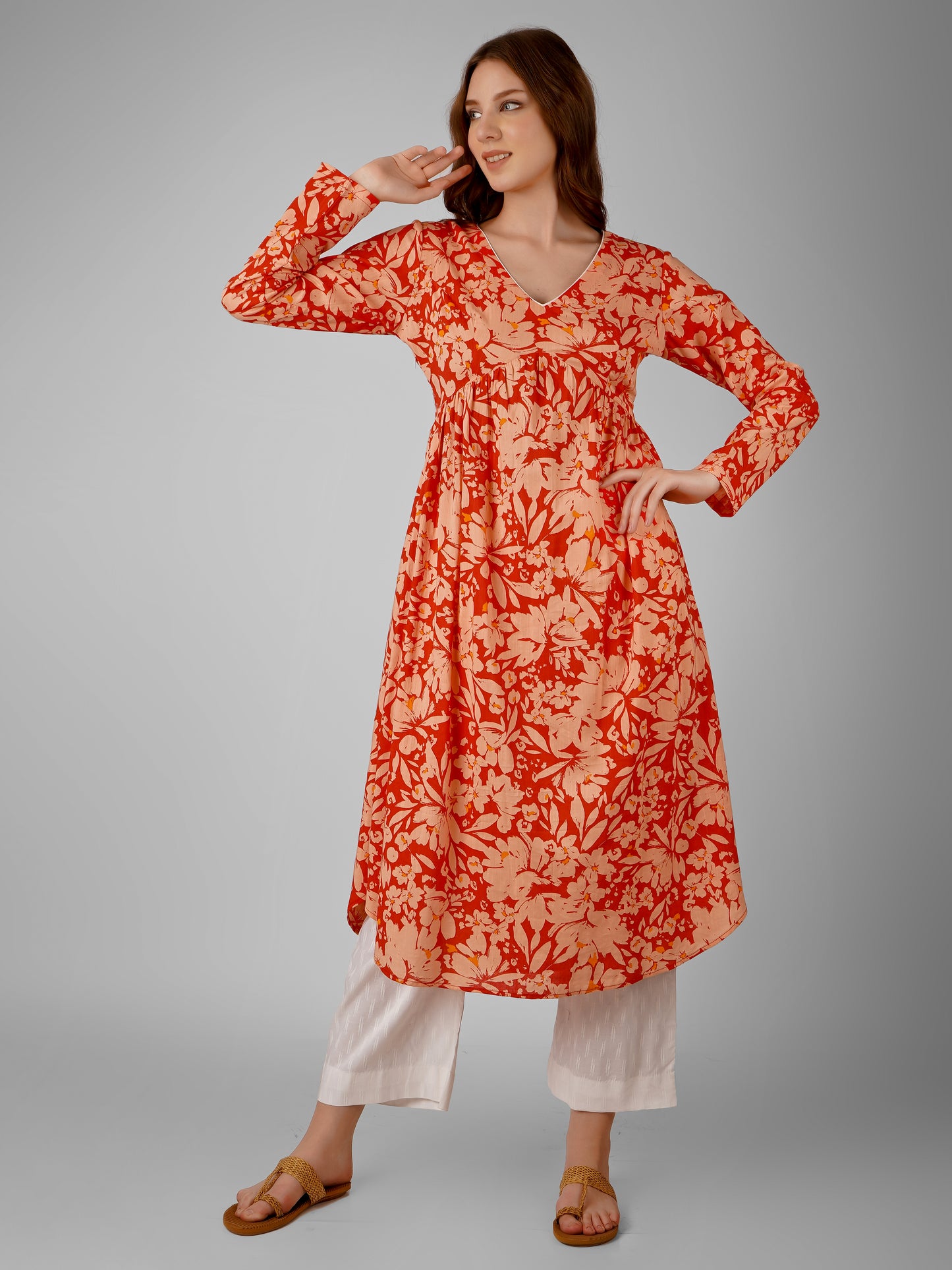 Crimson Petal Kurti Dress – Elegant & Vibrant Floral Design