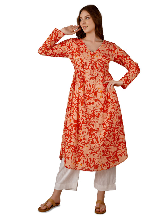 Crimson Petal Kurti Dress – Elegant & Vibrant Floral Design