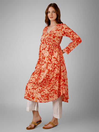 Crimson Petal Kurti Dress – Elegant & Vibrant Floral Design