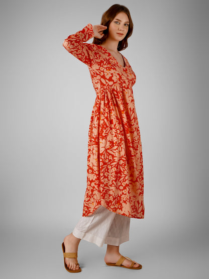 Crimson Petal Kurti Dress – Elegant & Vibrant Floral Design