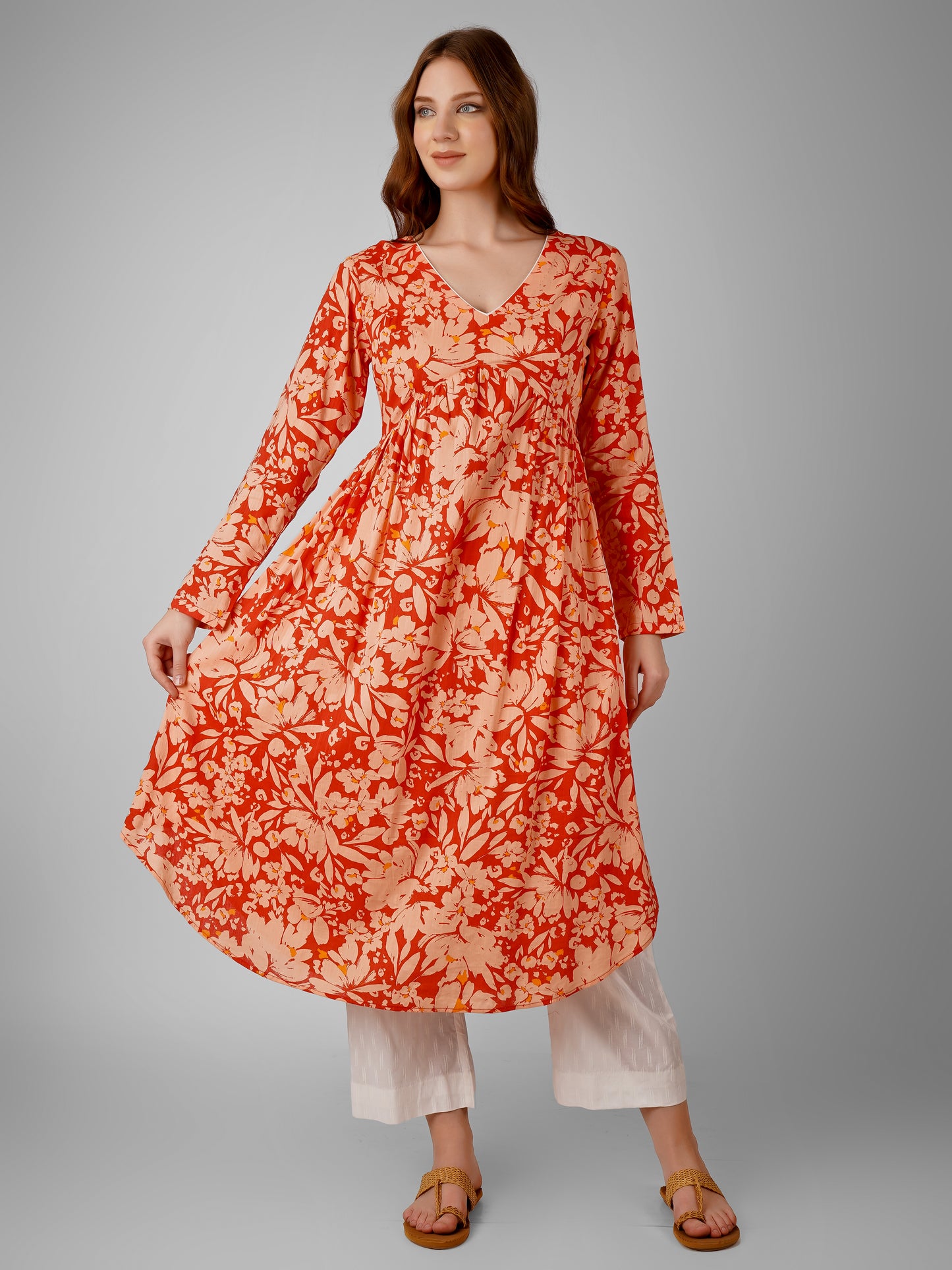 Crimson Petal Kurti Dress – Elegant & Vibrant Floral Design