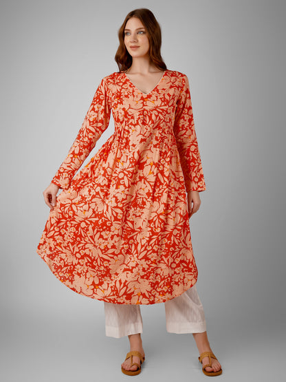 Crimson Petal Kurti Dress – Elegant & Vibrant Floral Design